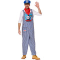 Men's conductor costume set with blue striped overalls, red neckerchief, cap