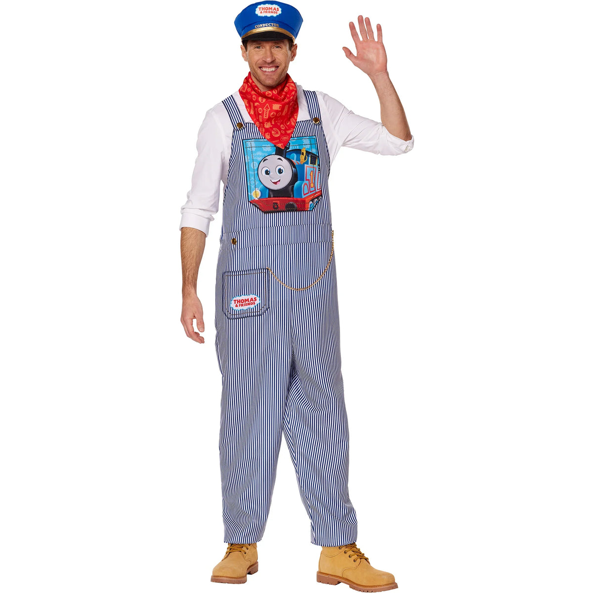 Men's conductor costume set with blue striped overalls, red neckerchief, cap