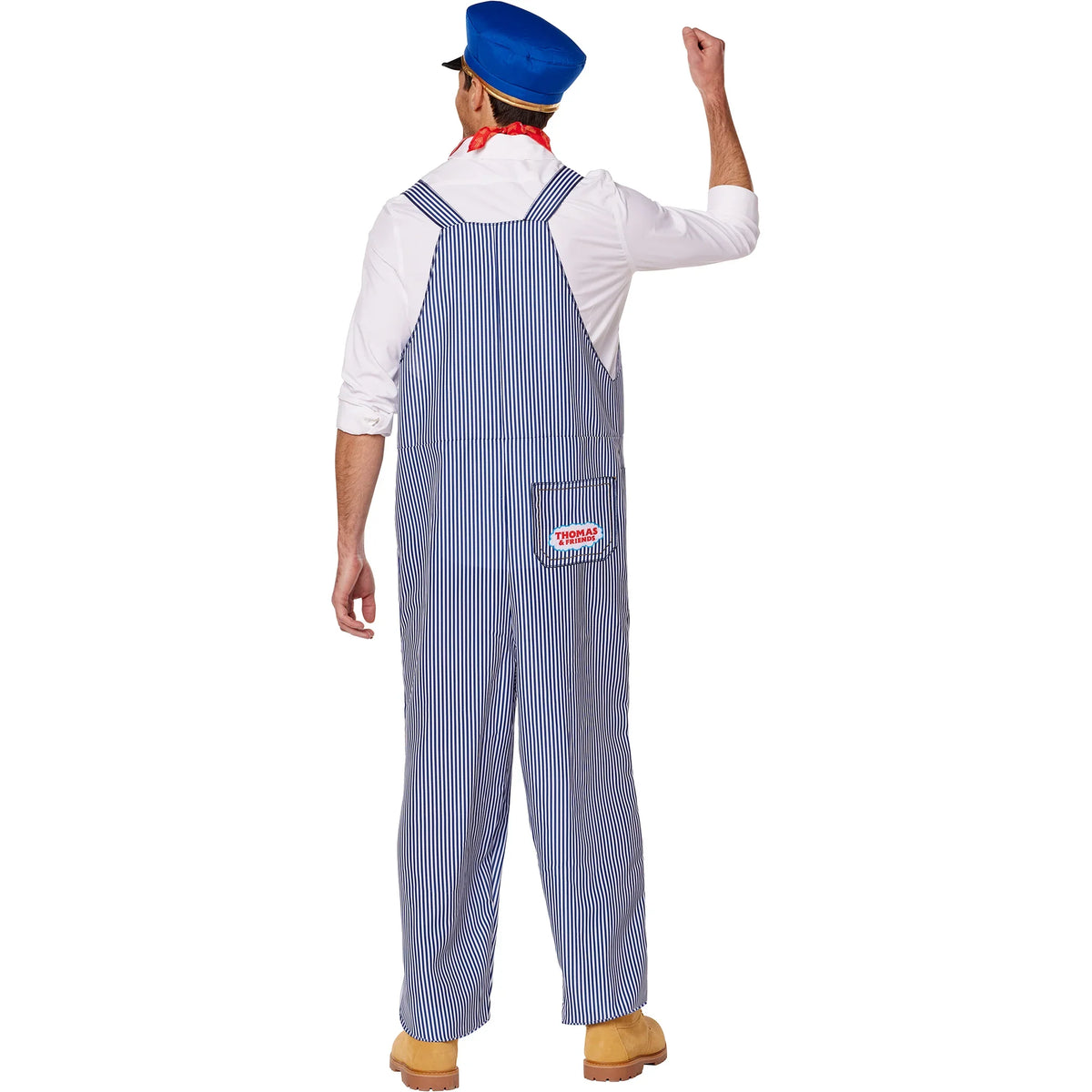 Conductor costume overalls back view with blue stripes and matching cap