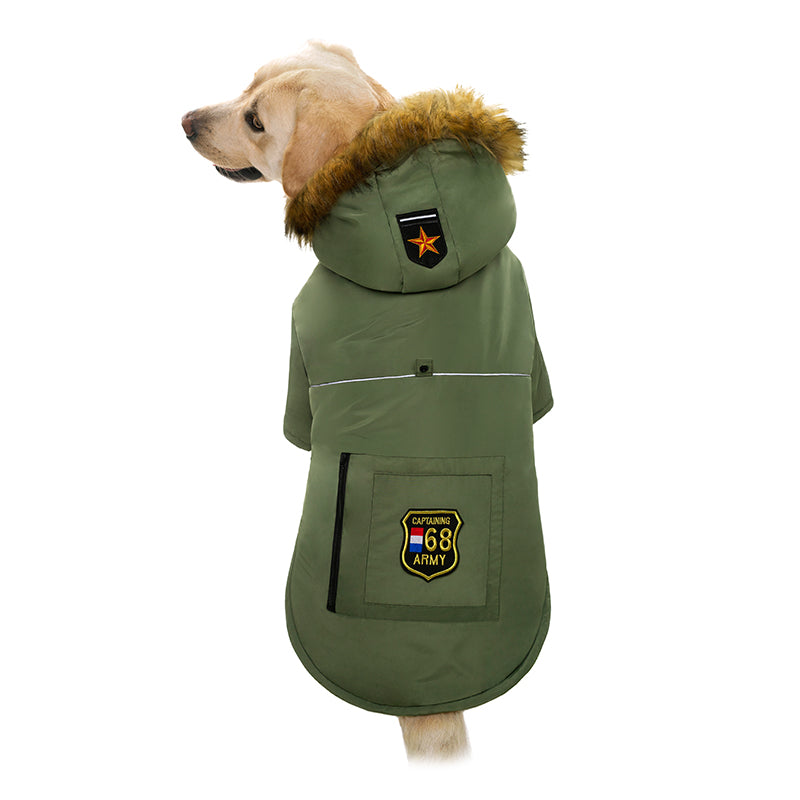 Green hooded dog winter coat with emblem patch on back pocket