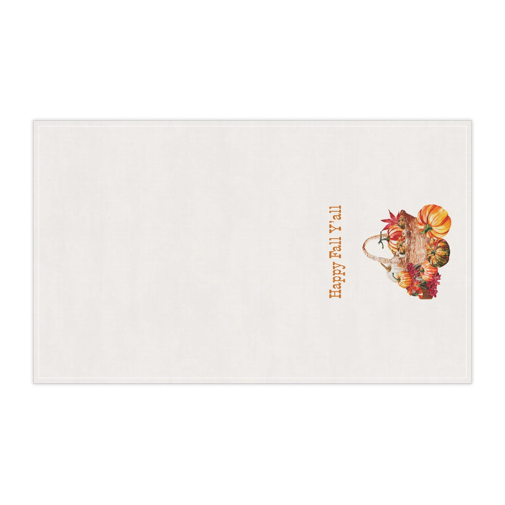 Kitchen tea towel, off-white with small “Happy Fall Y'all” lettering and autumn basket