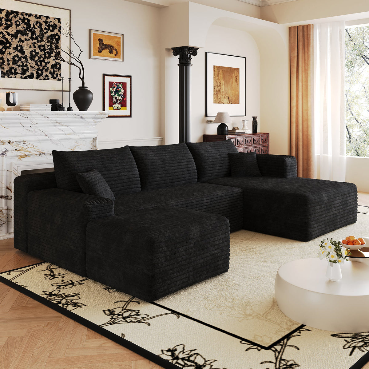 Dark L-shaped sectional sofa with wide ottoman-style chaise and back cushions.
