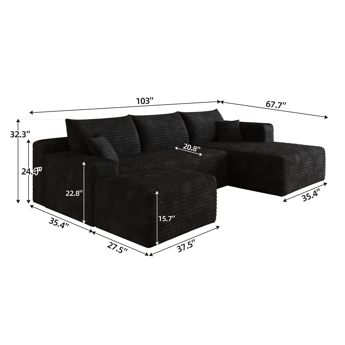 L-shaped sectional sofa with size measurement labels on dark fabric seating.