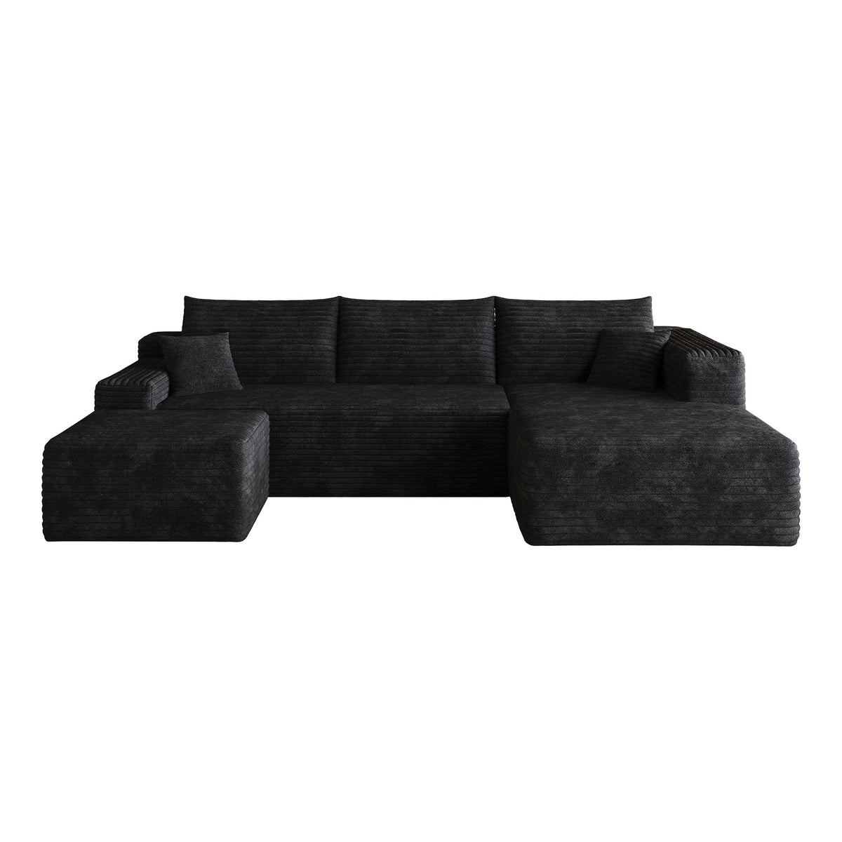 Dark upholstered L-shaped sectional sofa, straight-on view with seat and back cushions.