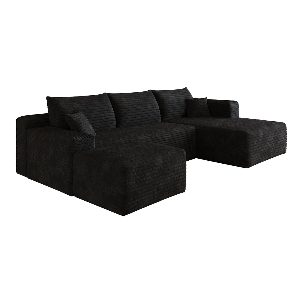 Dark fabric L-shaped sectional sofa with chaise extension and three back pillows.