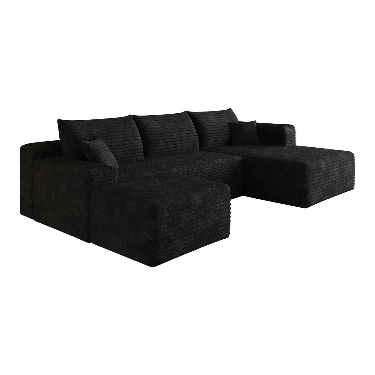 Dark fabric L-shaped sectional sofa with chaise extension and three back pillows.