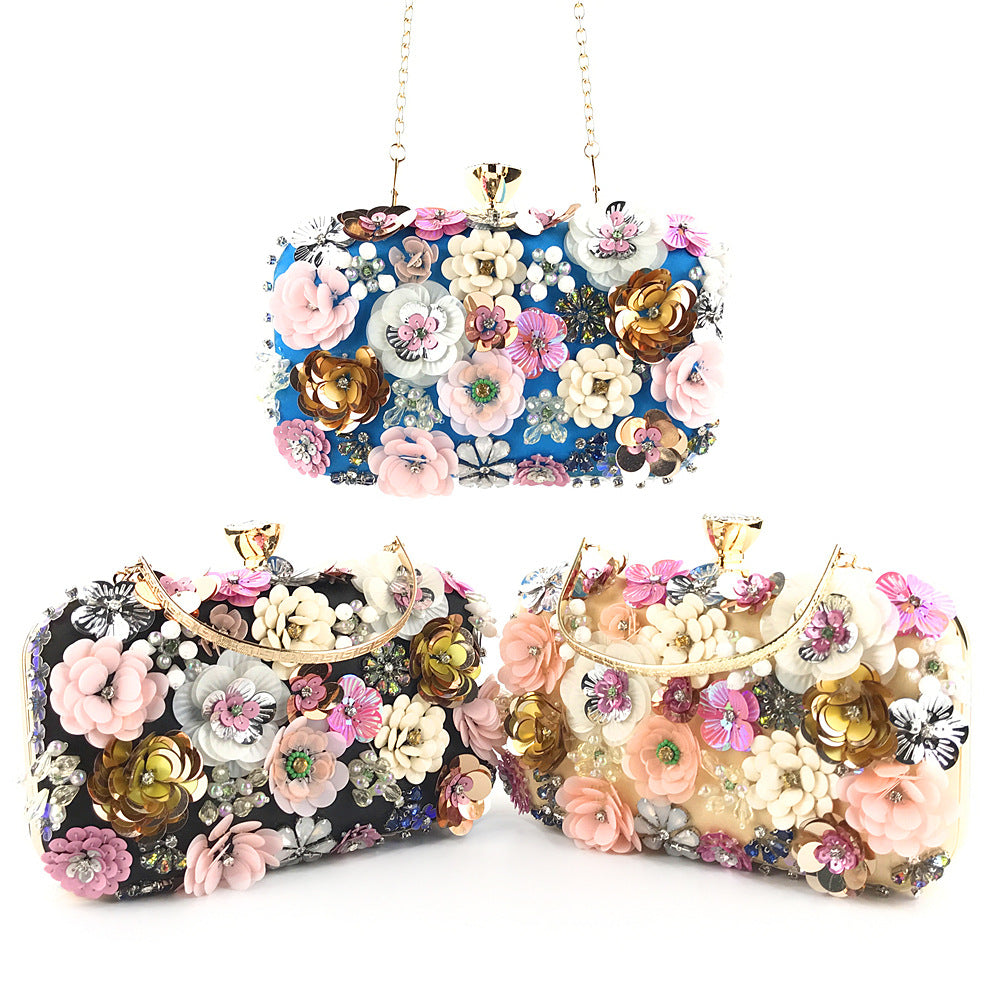 Colorful floral sequin clutch purse set with chain straps, shown front and side views