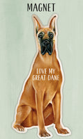 Great Dane dog fridge magnet with tan and black puppy illustration and “LOVE MY GREAT DANE” text