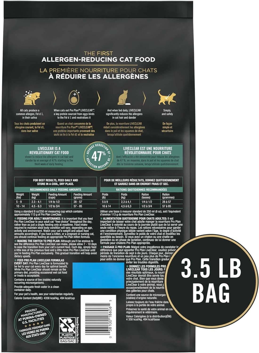 Back of the 3.5 lb LiveClear cat food bag with feeding directions, nutrition details, and ingredients