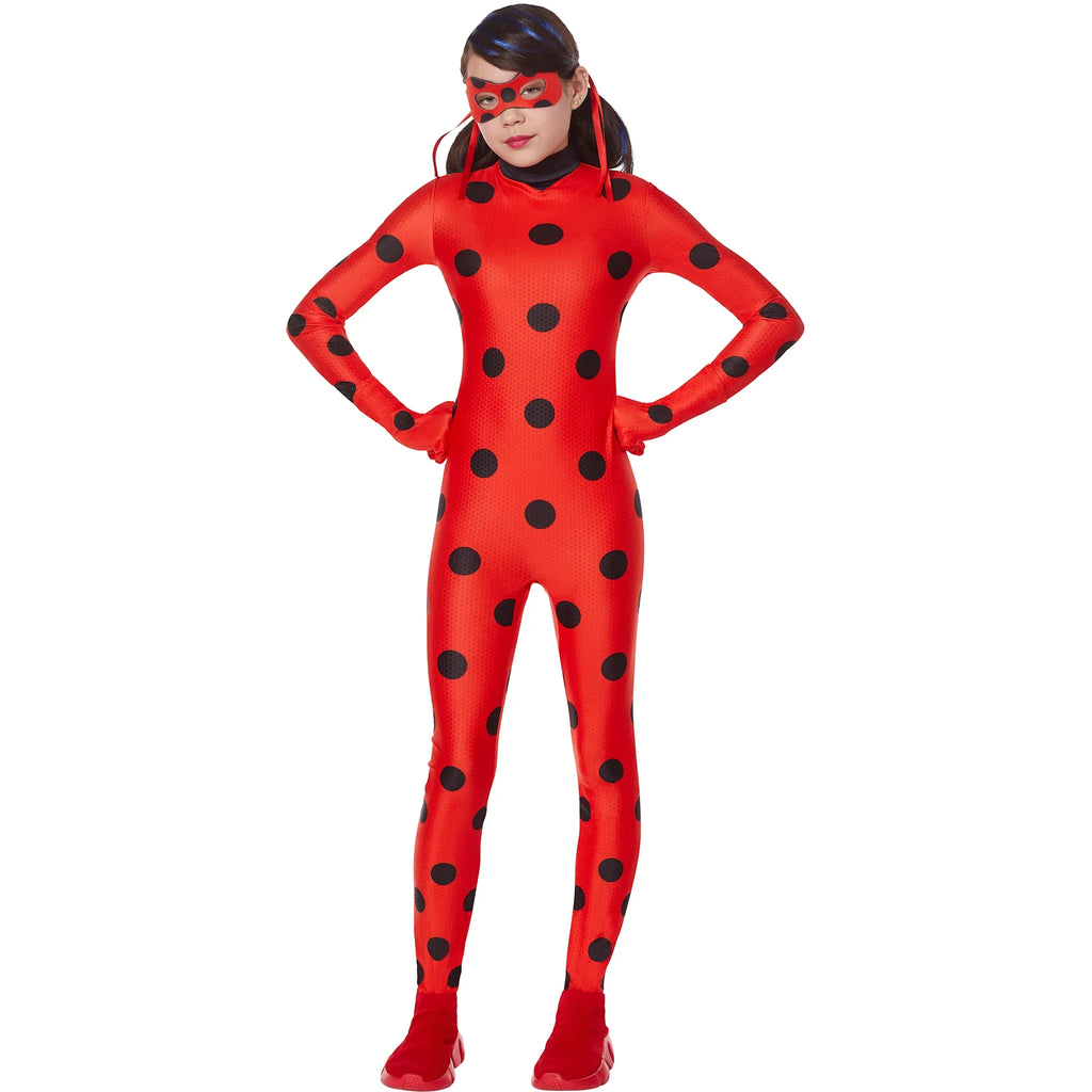 Girls red ladybug bodysuit costume with black polka dots, attached mask and hood
