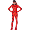 Girls red ladybug bodysuit costume with black polka dots, attached mask and hood