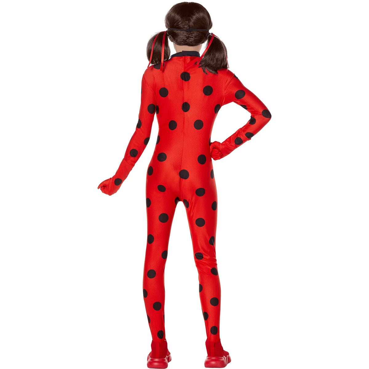 Girls red ladybug jumpsuit costume with black polka dots, mask and twin-braid hood