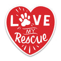 Red heart car magnet with white LOVE and My Rescue text and a paw print icon