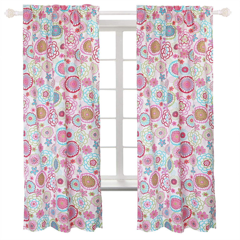 Two floral dot curtain panels in pink, blue, and green with gathered top