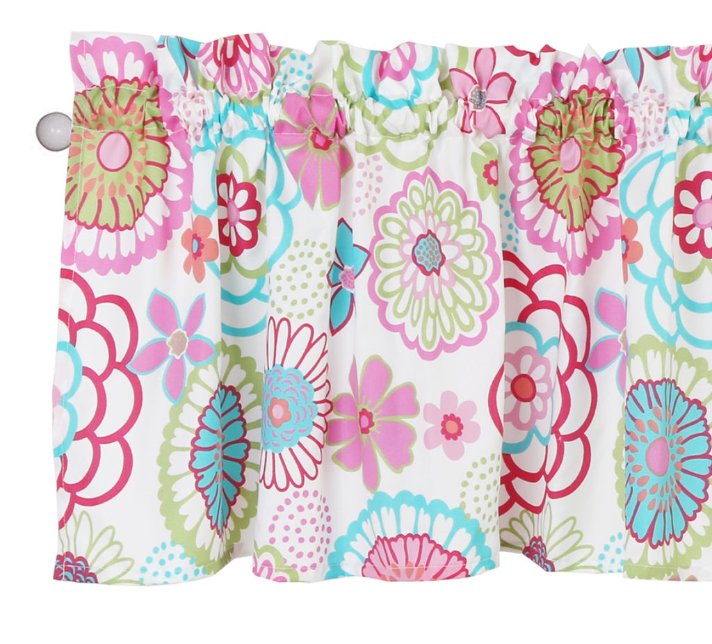 Floral dot curtain fabric with multicolor flowers on a white background