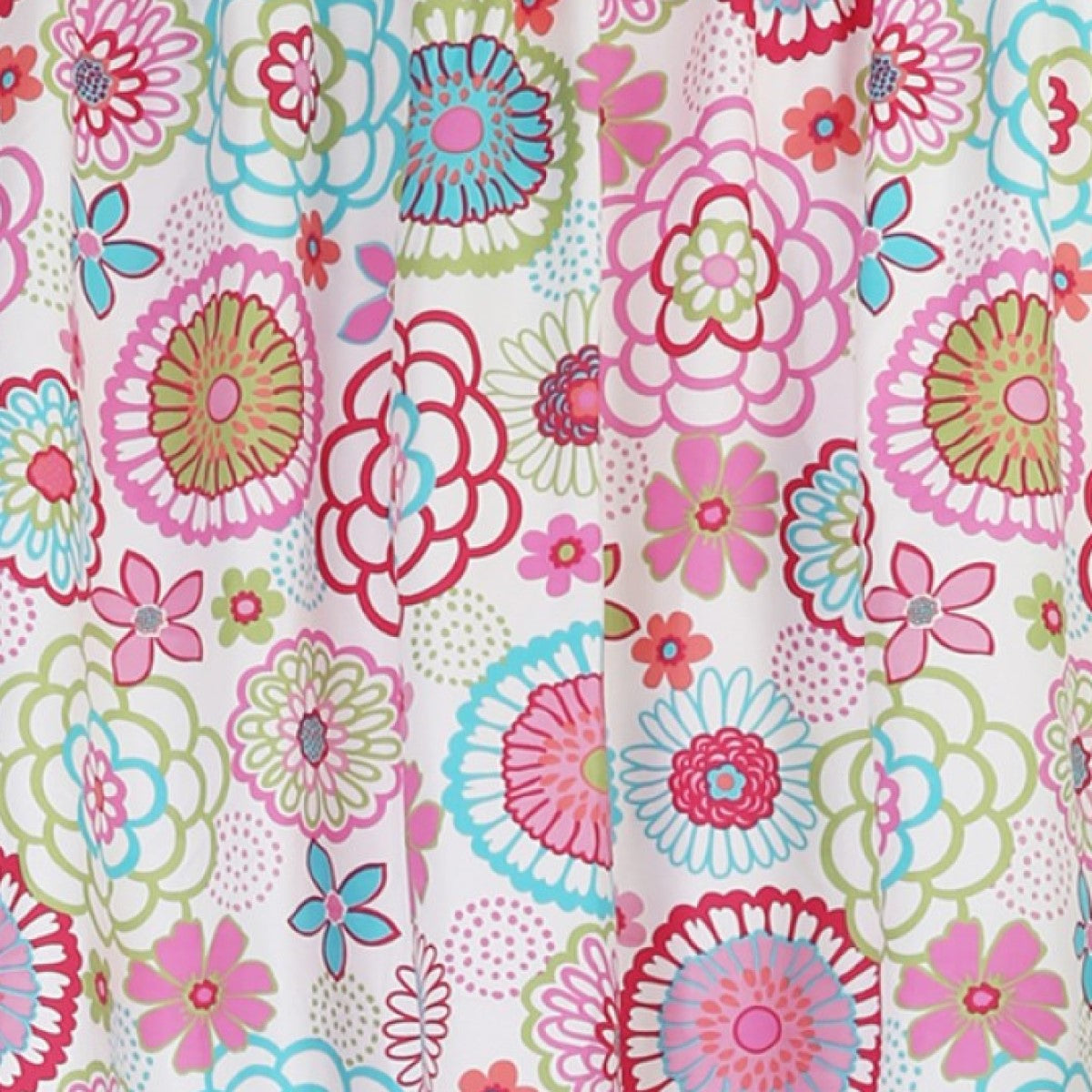 Close-up floral dot fabric pattern with pink, blue, and green flowers on white