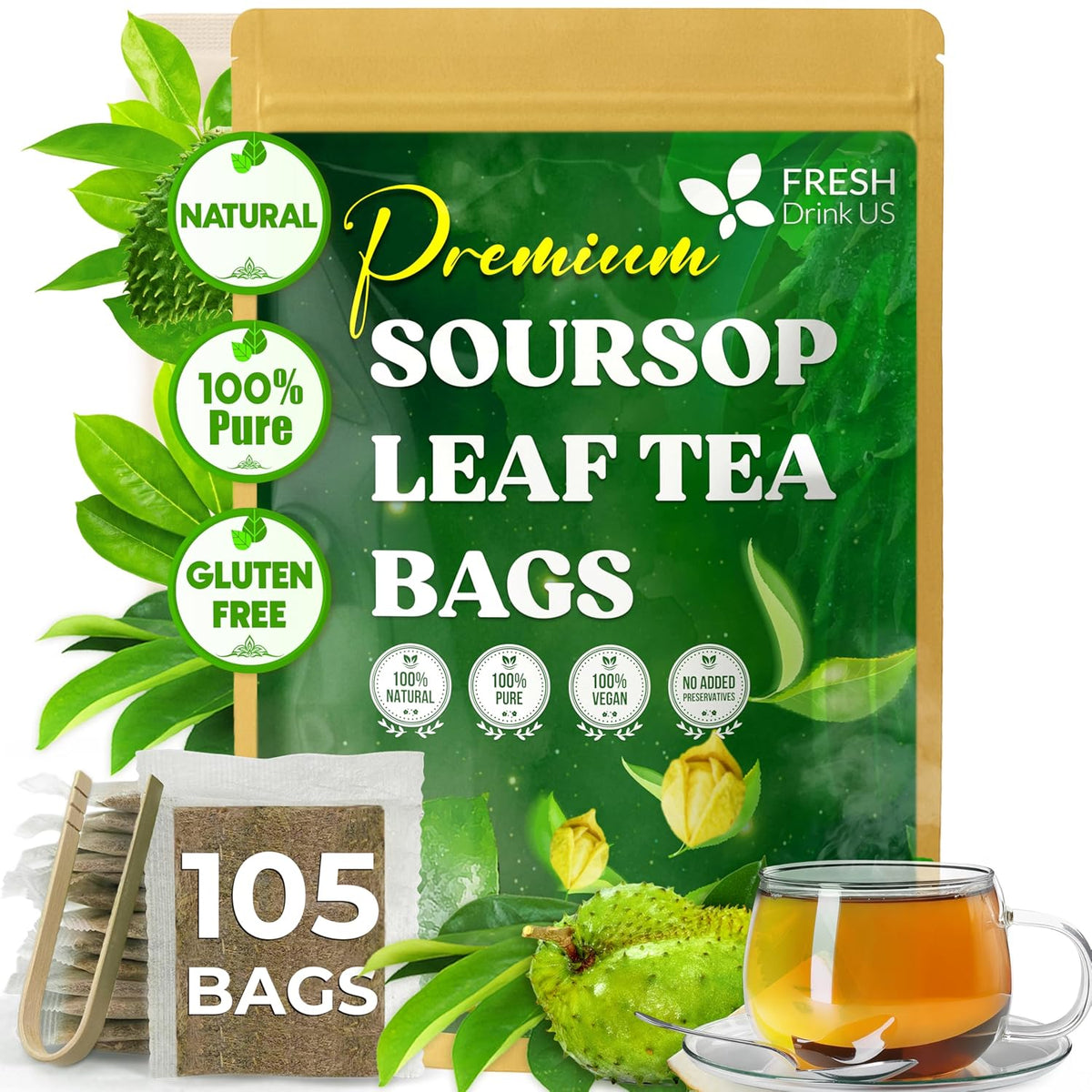 Green soursop leaf tea bags pouch, 105 bags with teacup and strainer