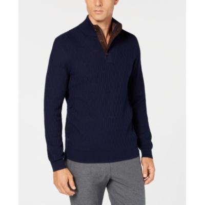 Men’s textured mock-neck sweater with quarter-button placket, navy knit chest and sleeves