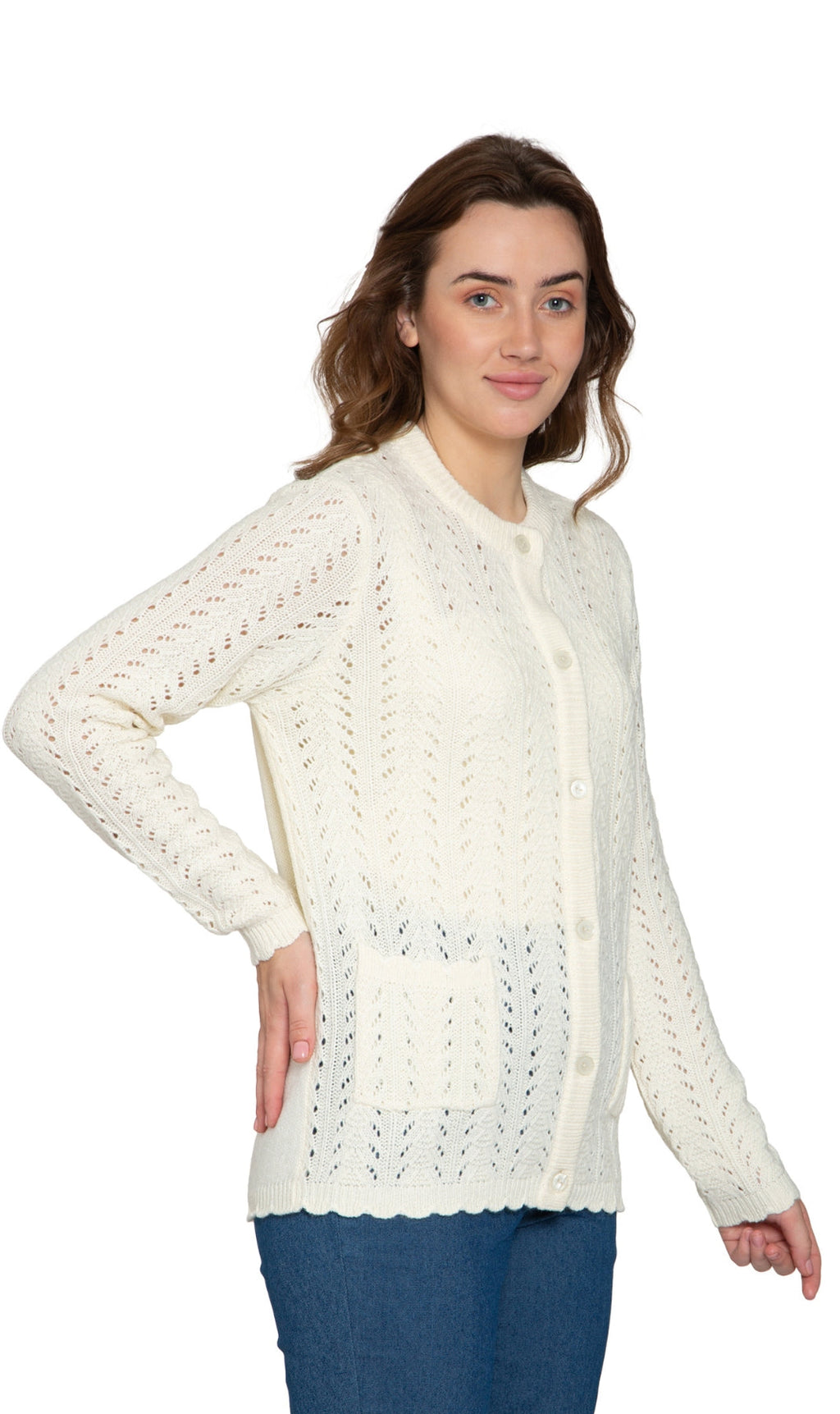Women’s ivory crochet pointelle cardigan with button front and textured knit pattern