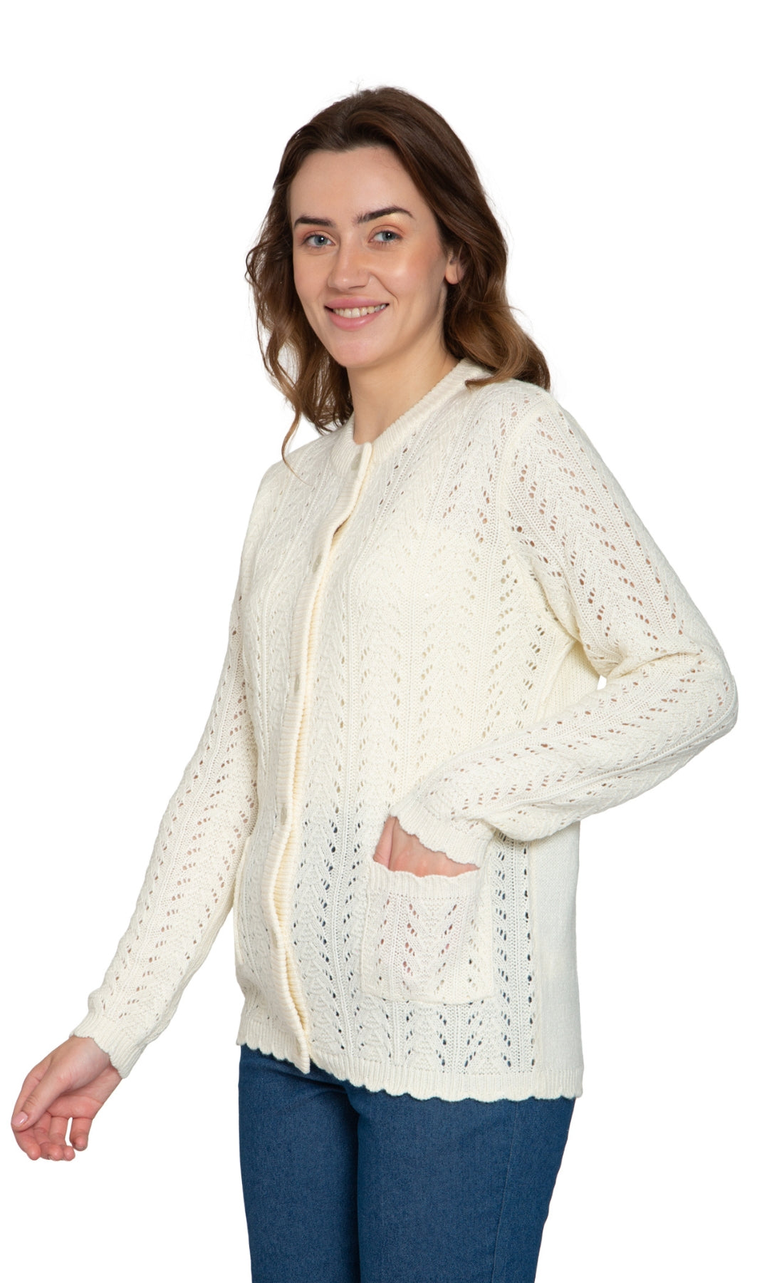 Women’s ivory crochet pointelle cardigan with button front and long sleeves