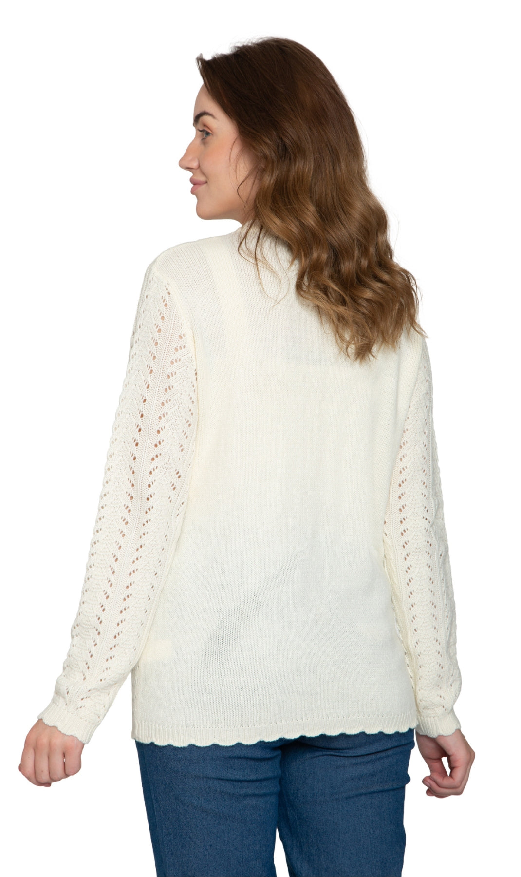 Women’s ivory crochet pointelle cardigan, back view with long sleeves