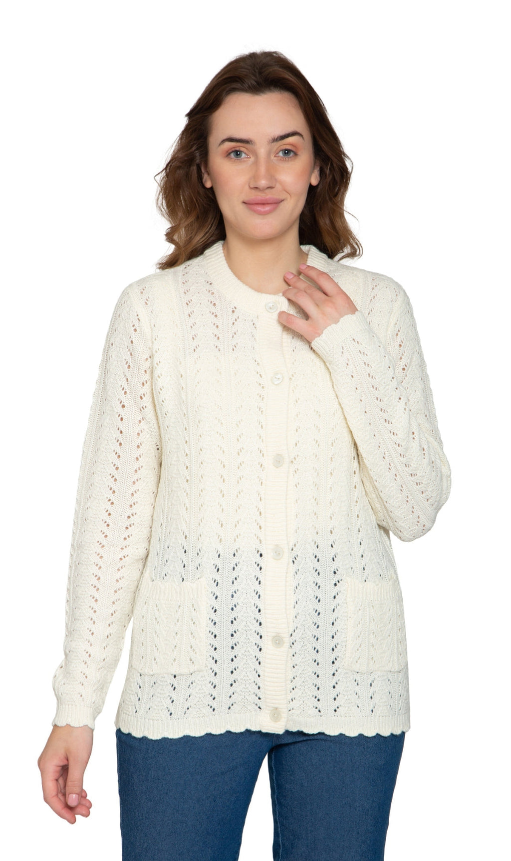 Women’s ivory crochet pointelle cardigan with button front and side pockets