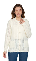 Women’s ivory crochet pointelle cardigan with button front and side pockets
