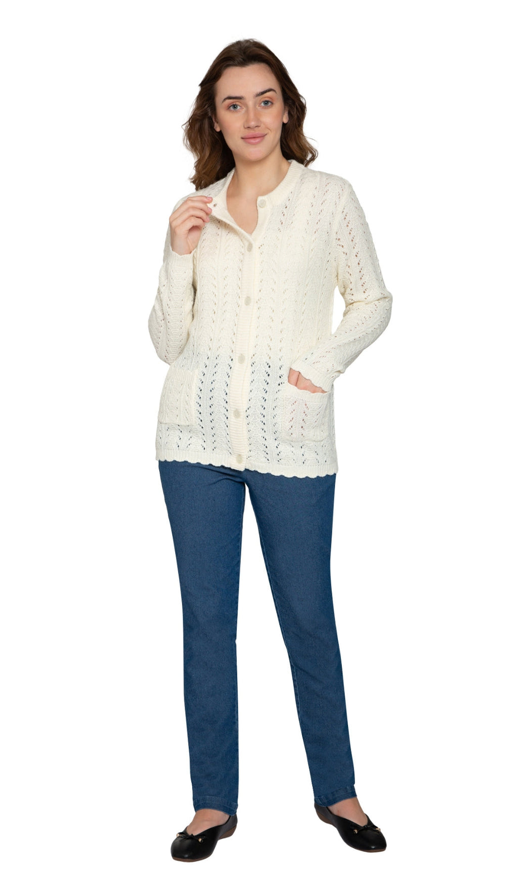 Women’s ivory button-front crochet pointelle cardigan with side pockets