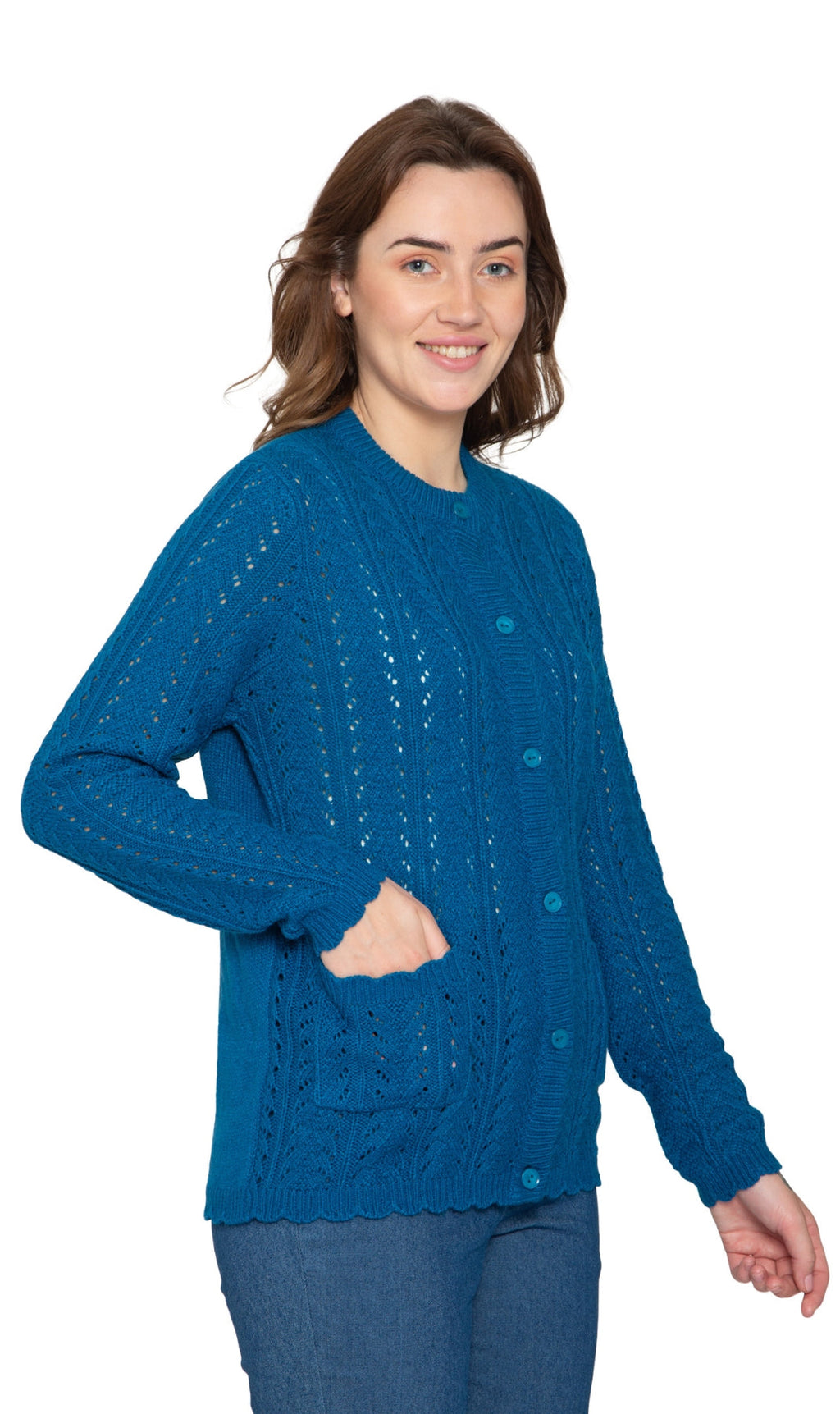 Women’s peacock blue button-front crochet pointelle cardigan with long sleeves