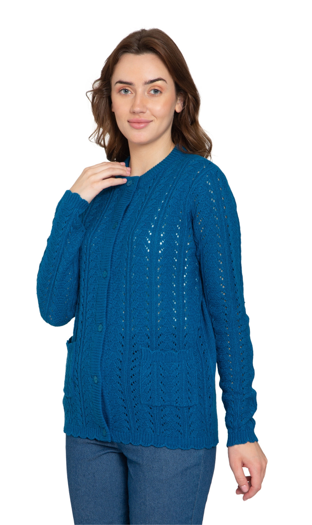 Women’s peacock blue crochet pointelle cardigan with button front and textured knit