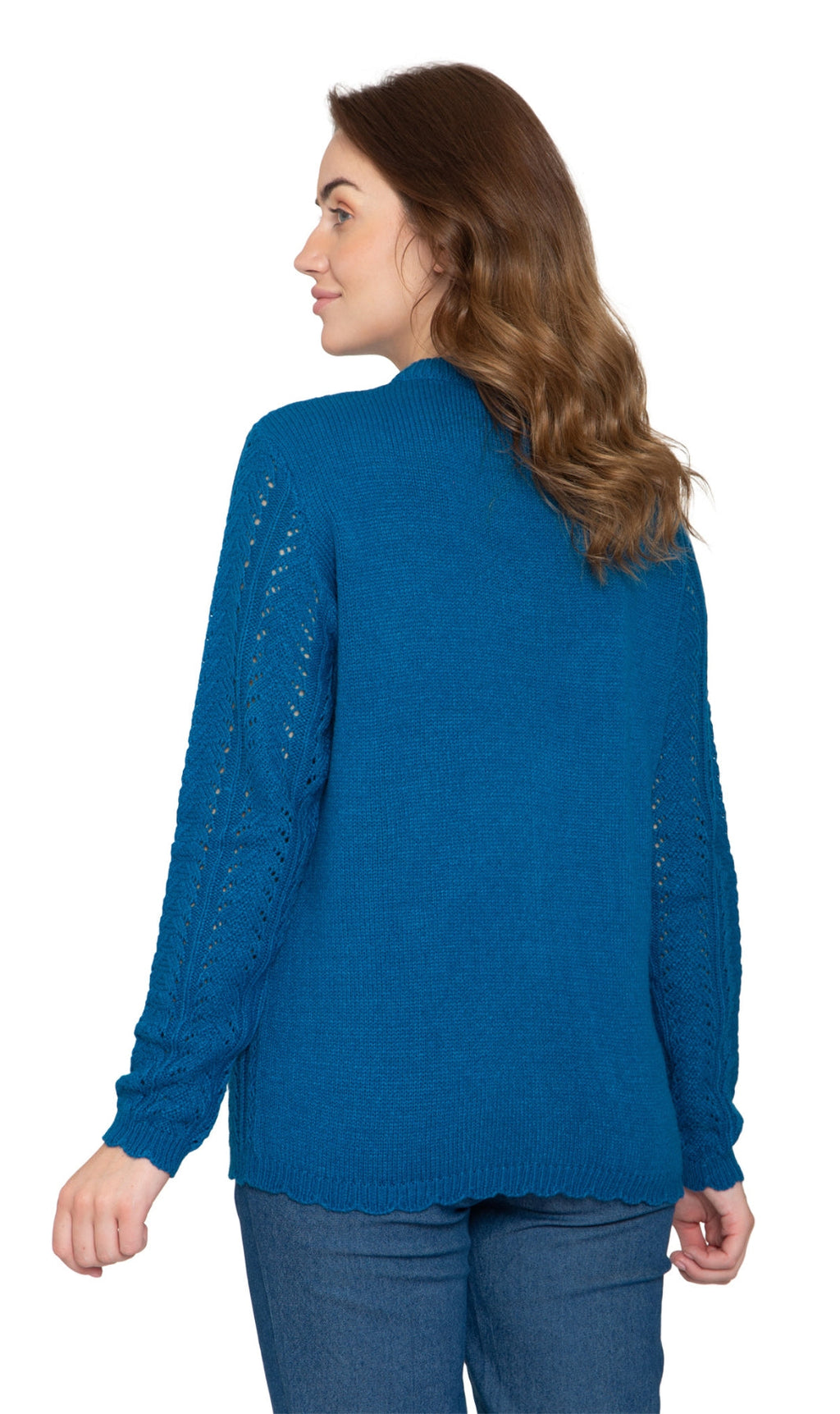 Women’s peacock blue crochet pointelle cardigan, back view with long sleeves