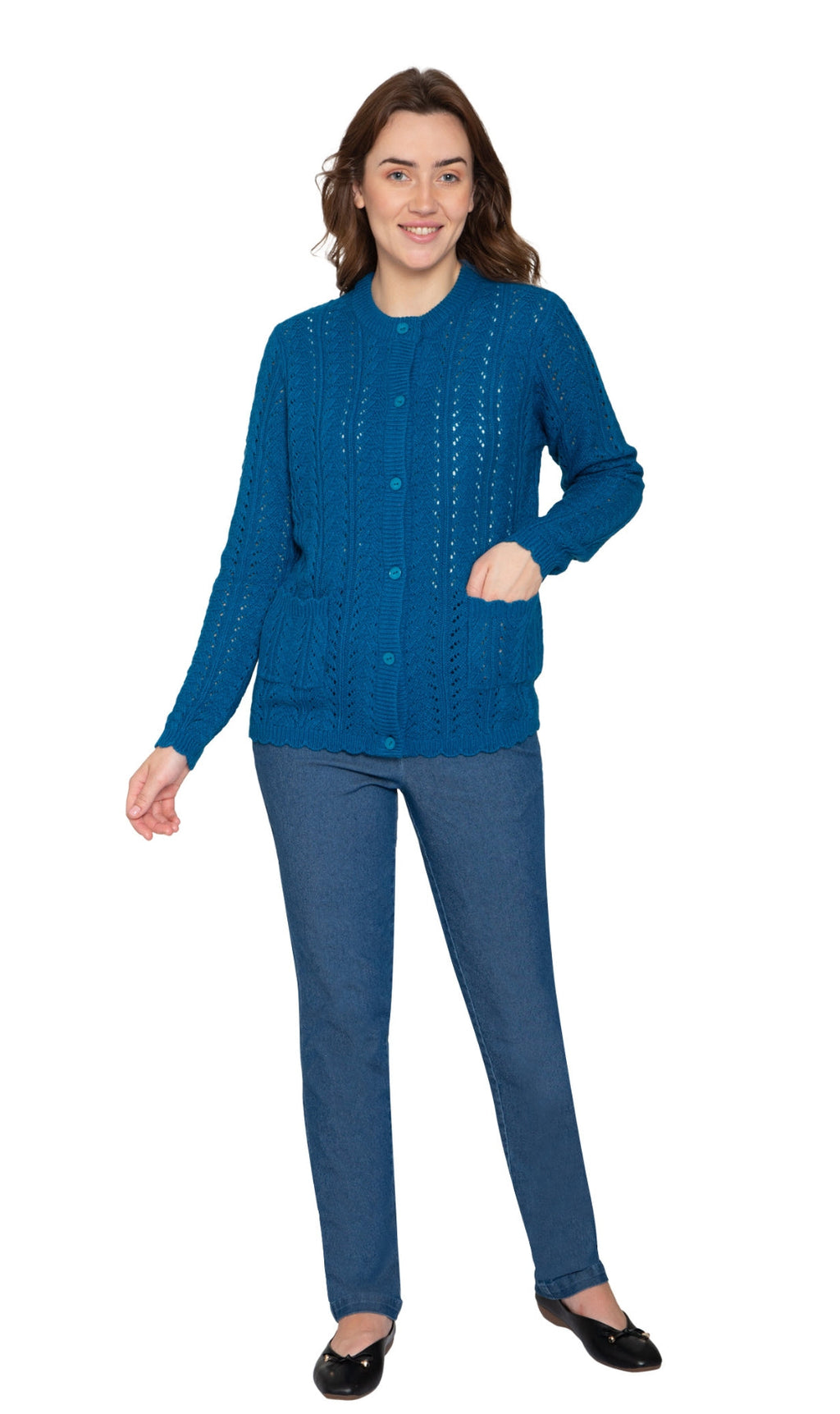 Women's button-front crochet pointelle cardigan with pockets, peacock blue