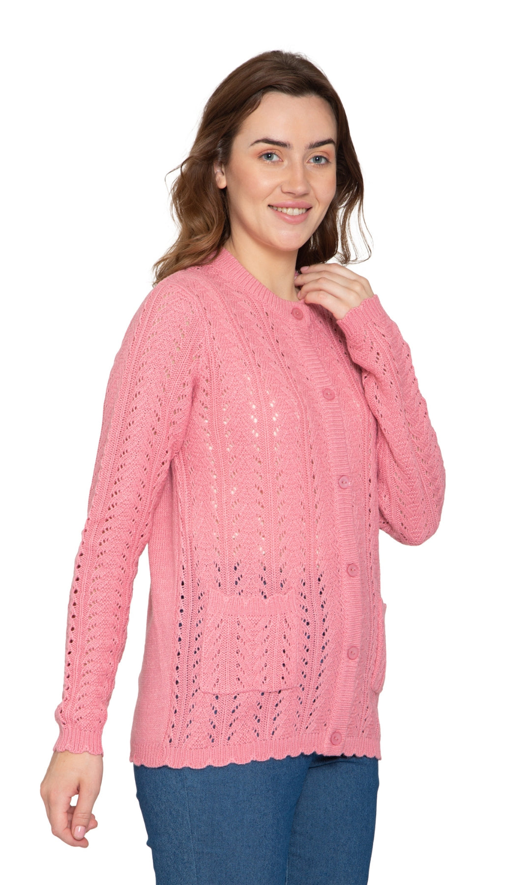 Rose pink crochet pointelle cardigan with button front and long sleeves