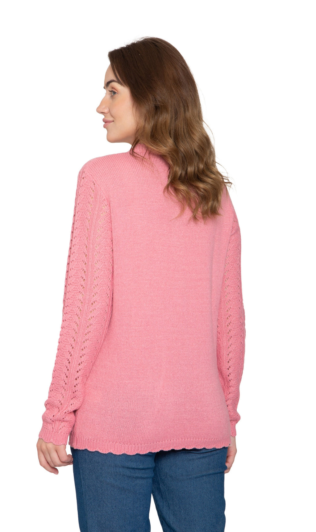 Rose pink crochet pointelle cardigan back with long sleeves and scalloped hem