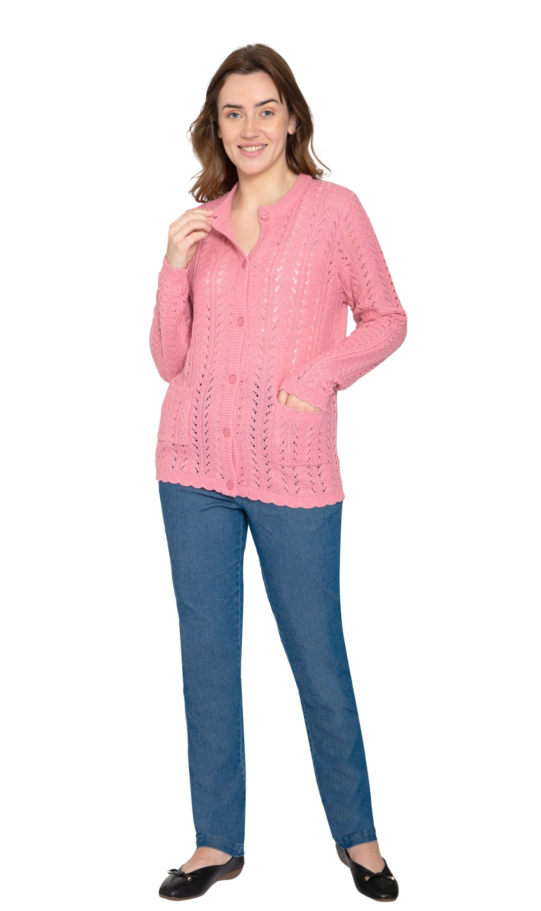 Rose pink crochet pointelle cardigan with button front and patch pockets