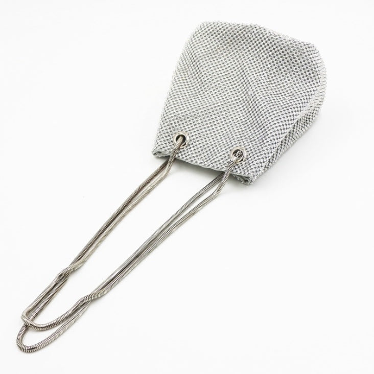Silver-tone crystal beaded crossbody clutch bag with long chain strap