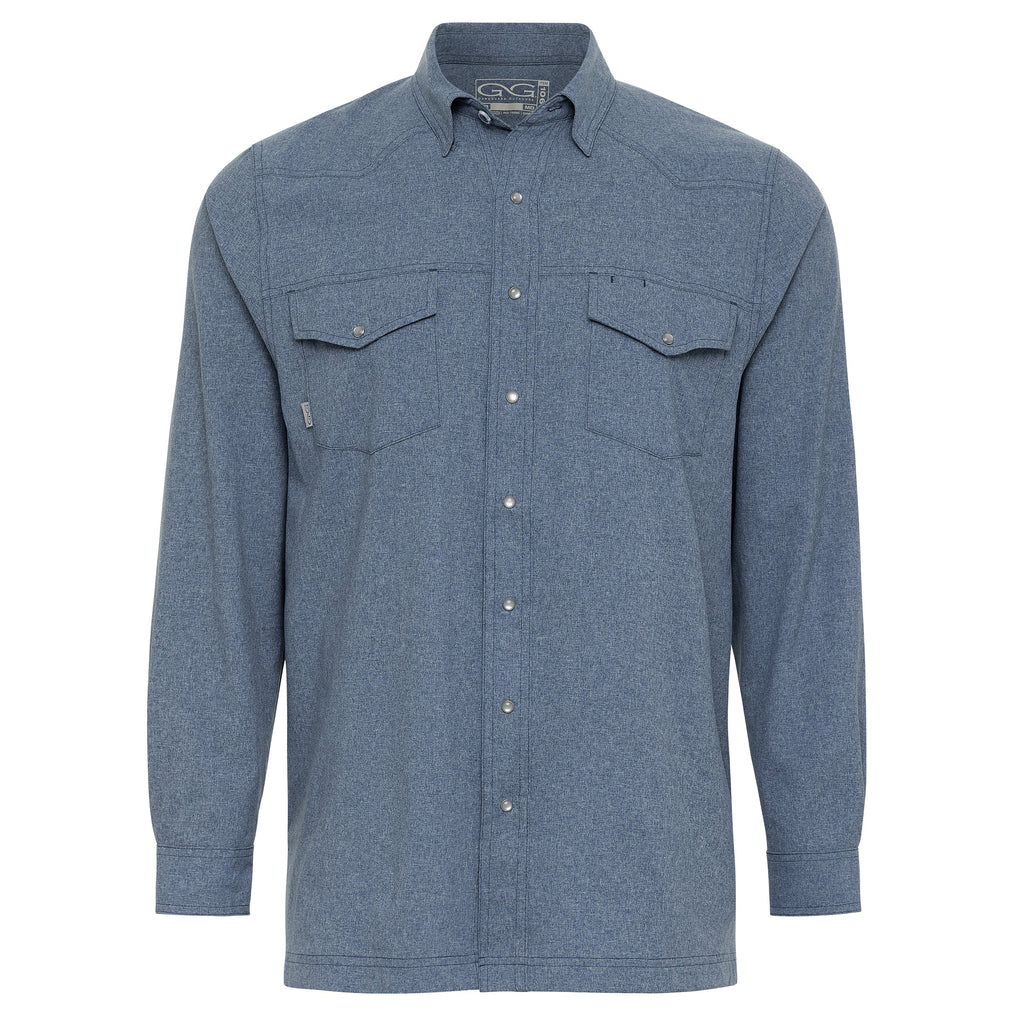 Long-sleeve pearl-snap button-up shirt, heather blue, with chest flap pockets