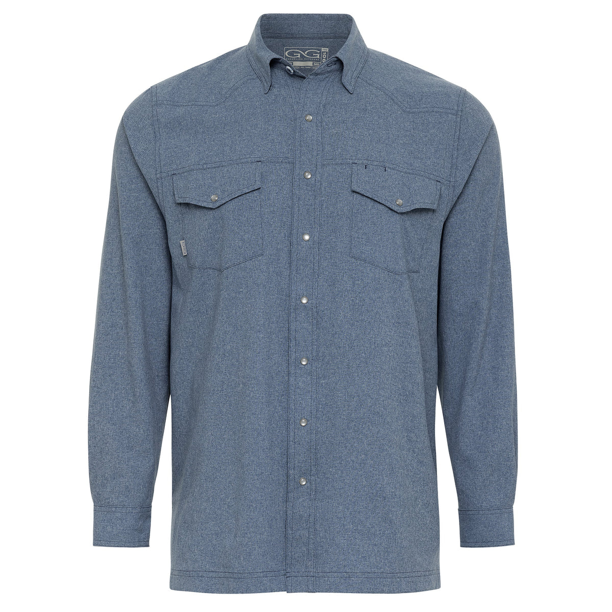 Long-sleeve pearl-snap button-up shirt, heather blue, with chest flap pockets