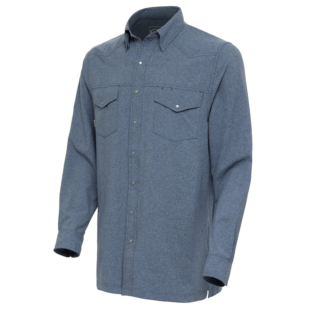 Long-sleeve pearl-snap button-up shirt in heather blue with two chest pockets