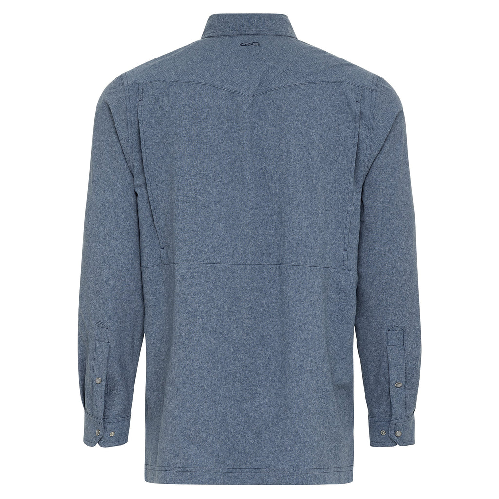 Back view of heather blue long-sleeve pearl-snap shirt with yoke and cuff snaps