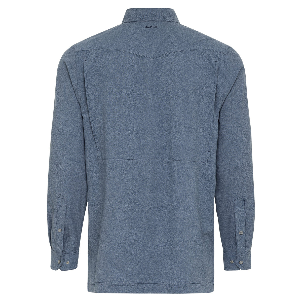 Back view of heather blue long-sleeve pearl-snap shirt with yoke and cuff snaps