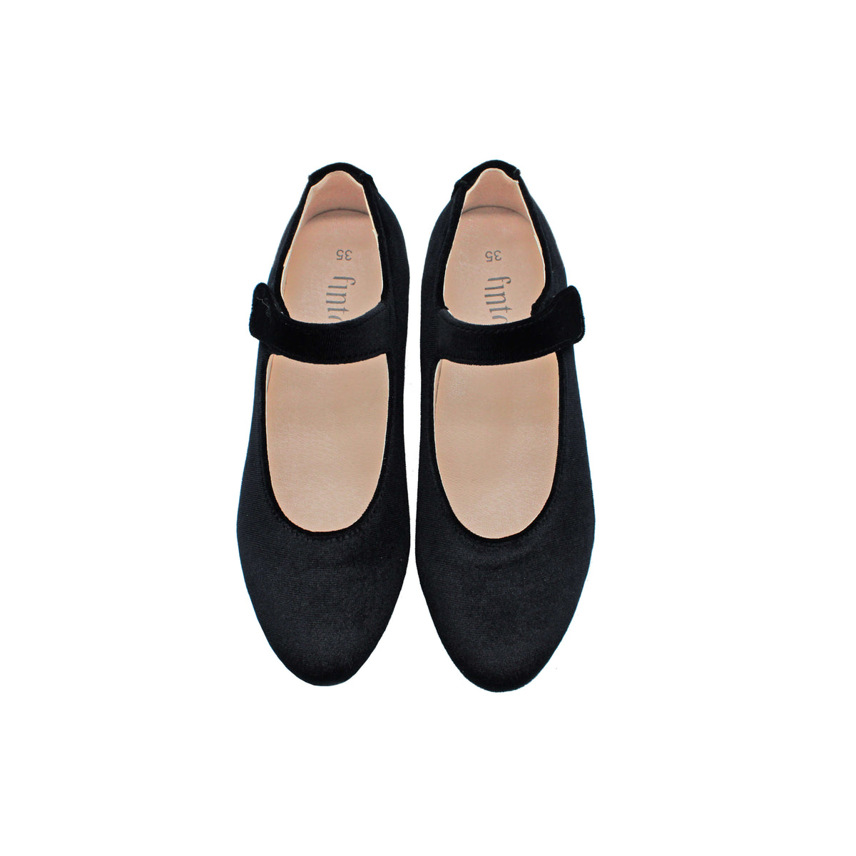 Black velvet slip-on flats with ankle strap and rounded closed toe