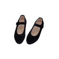 Black velvet Mary Jane flats with ankle strap, rounded closed toe