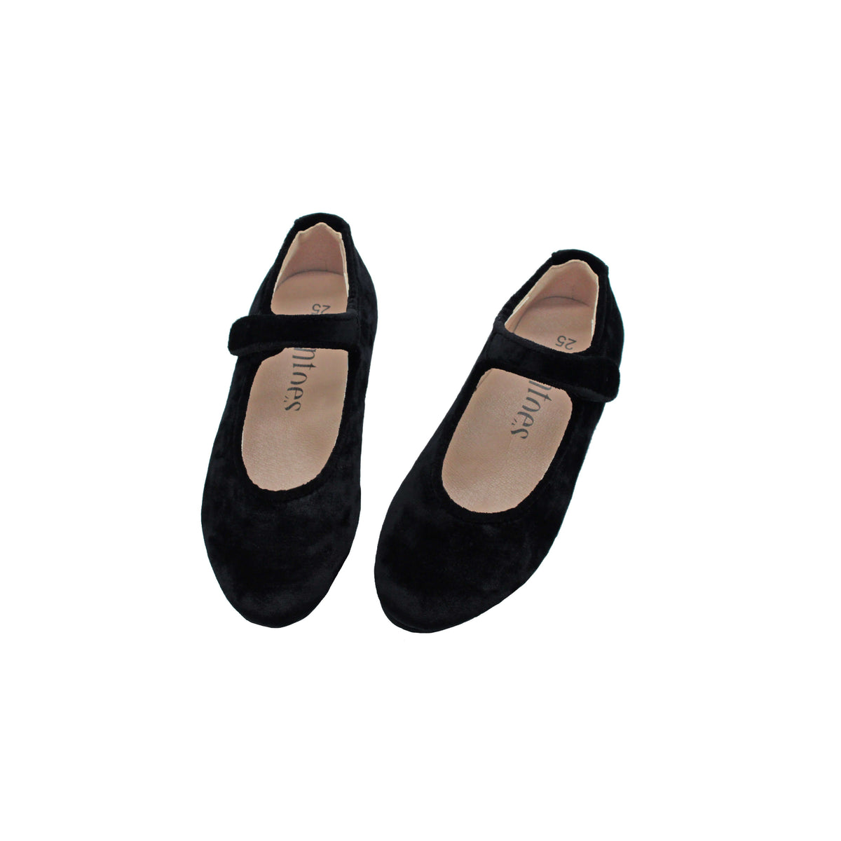 Black velvet Mary Jane flats with ankle strap, rounded closed toe