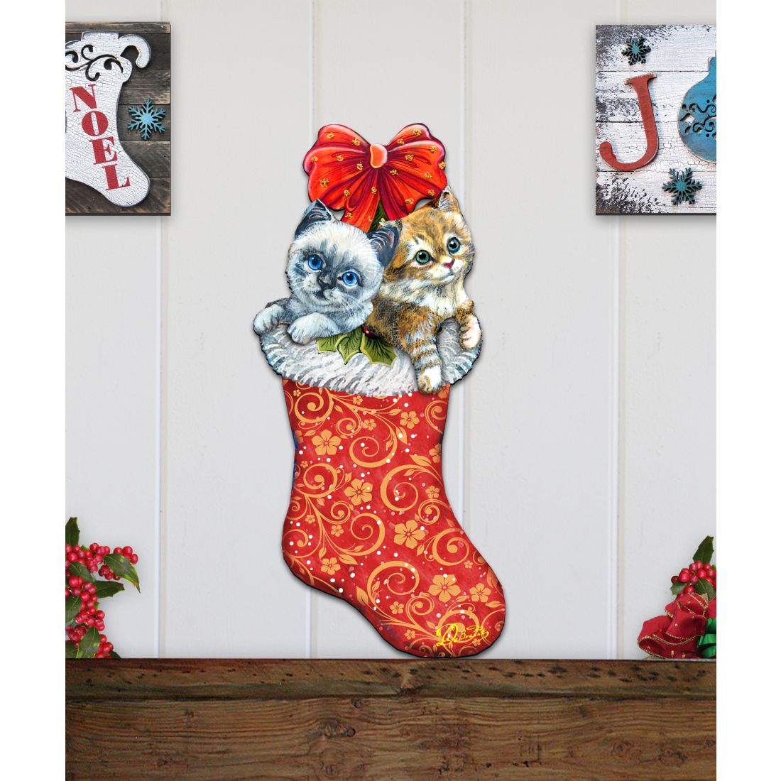 Red kitten Christmas stocking door decor with large red bow and curled gold pattern