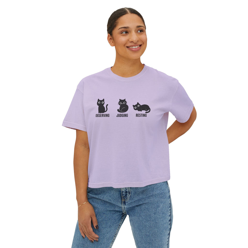 Orchid purple boxy cat tee with three cat faces graphic: observing, judging, resting