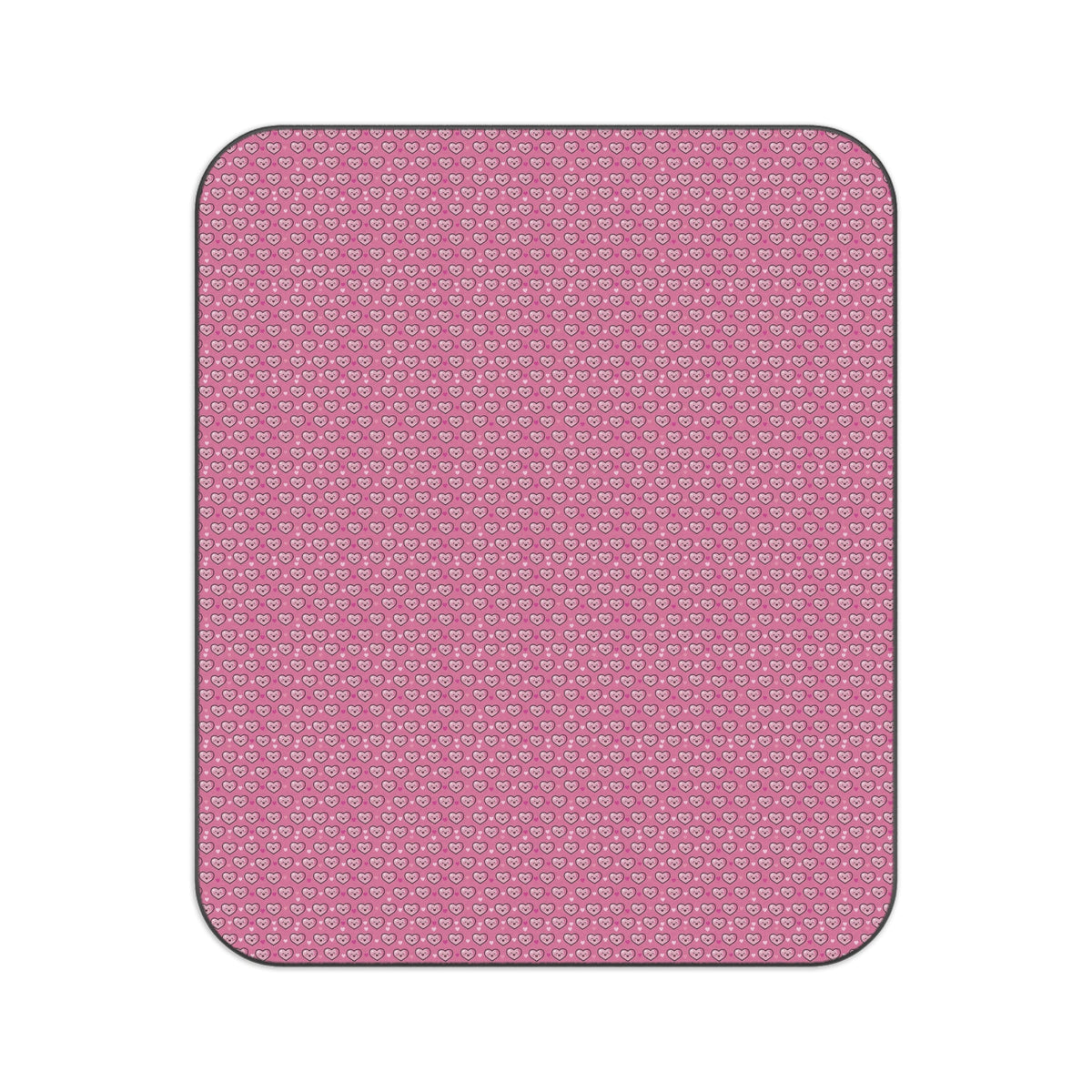 Picnic blanket with pink and purple tiny heart pattern, rounded edges