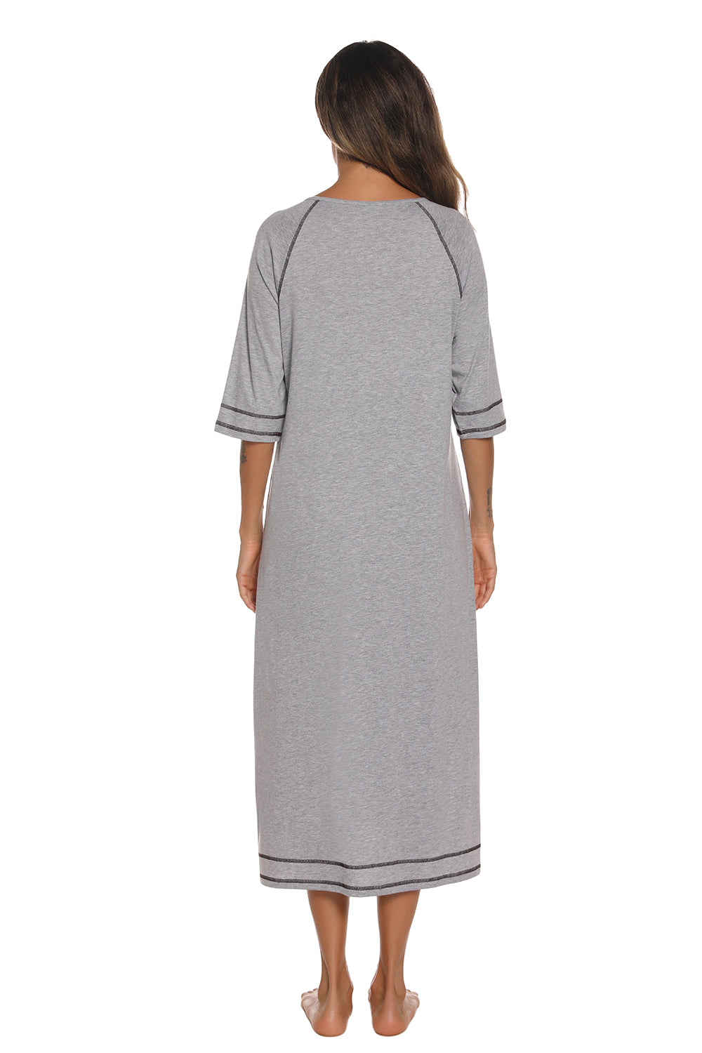 Heather gray zip-up round neck night dress, back view with contrast trim and slit