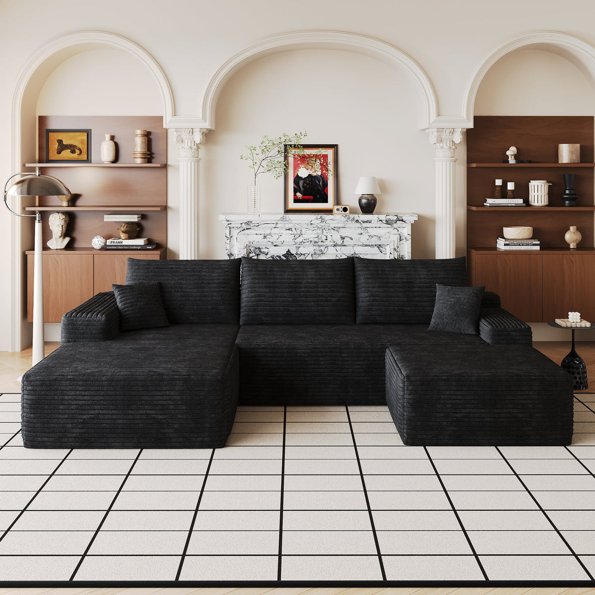 Black U-shaped sectional sofa with corner chaise and included ottoman
