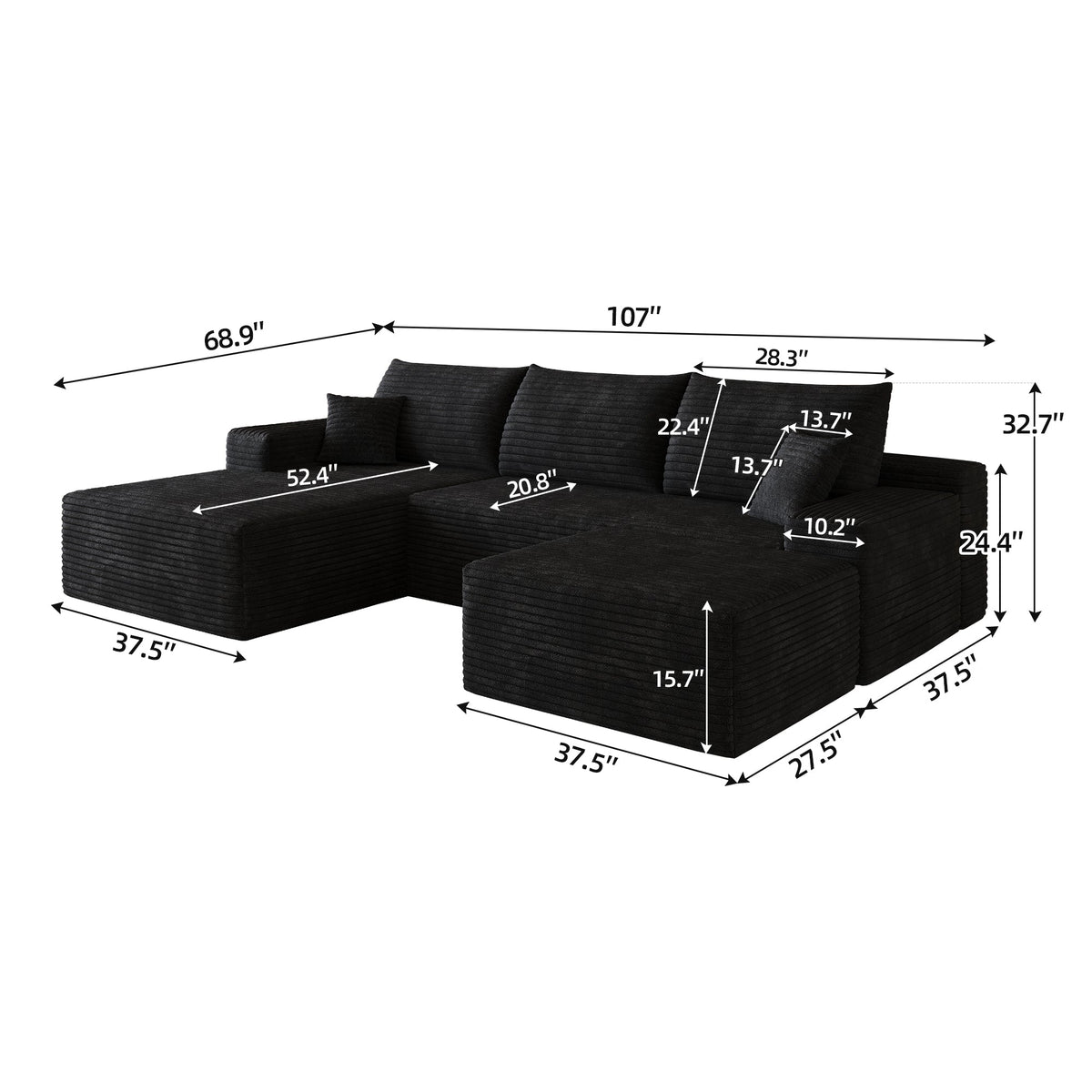 U-shaped sectional sofa dimension diagram with ottoman, black upholstery